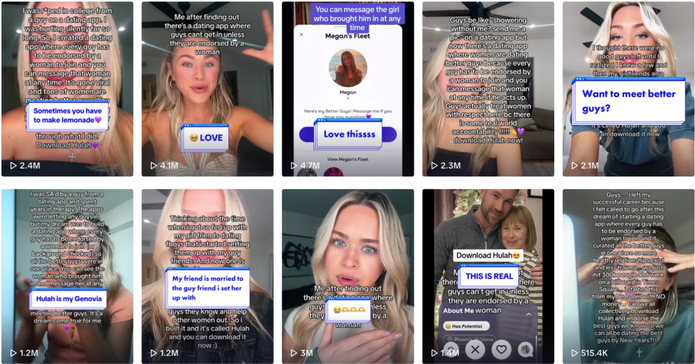 Ten Hulah creator videos with organic view counts from 515K to 4.7M